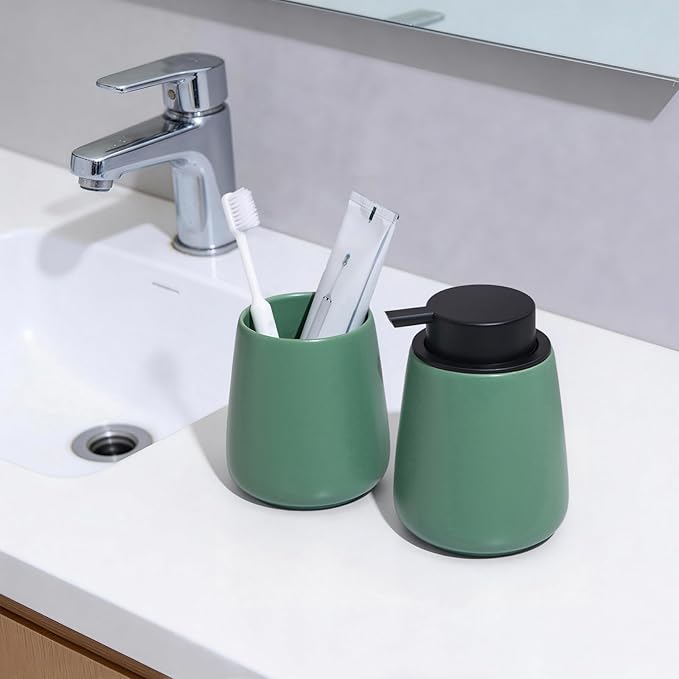 Green Toothbrush Holder for Bathroom - 2Pcs Ceramic Tooth Brushing Holders Set, Toothbrush Cup & Toothpaste Organizer for Bathroom Countertop, Makeup Brush Holder, Pen Holder for Home Desktop Storage