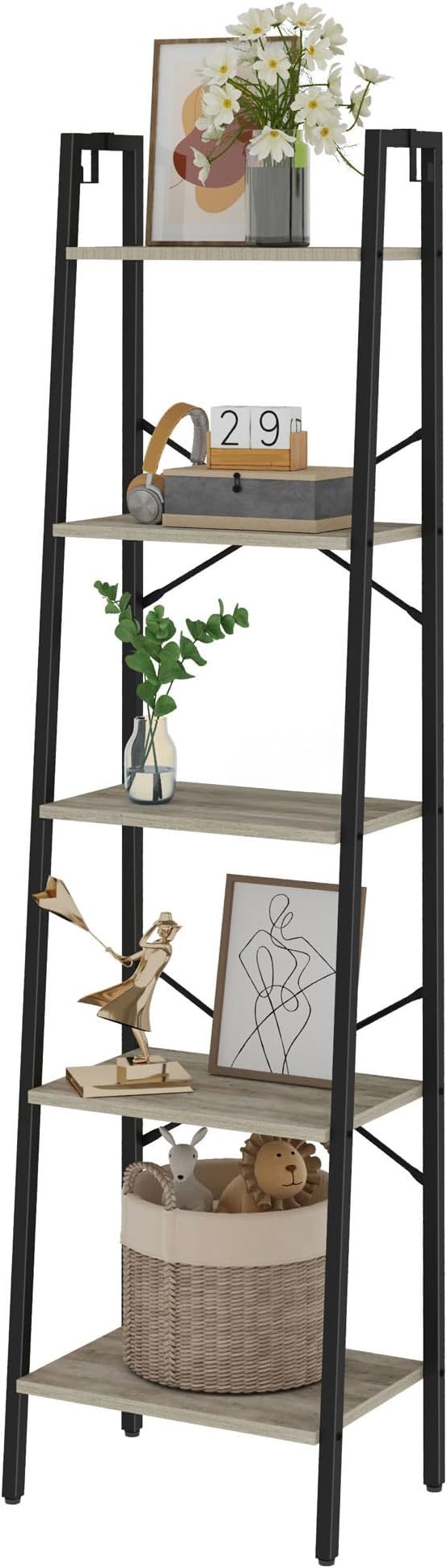 Ladder Shelf, Bookshelf Bookcase, Freestanding Corner Storage Shelve with 2 Hooks for Home Office, Living Room, Kitchen, Bedroom, Industrial, 11.8" D x 17.3" W x 63" H, Greige BC19205B