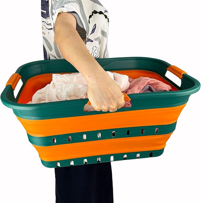 SAMMART 42L (11 gallons) Set of 2 Plastic Foldable Storage Basket/Container - Collapsible, Space Saving and Portable Laundry Hamper, Ideal for Home, Travel, Dorm (2, Teal Green/Autumn leaf)
