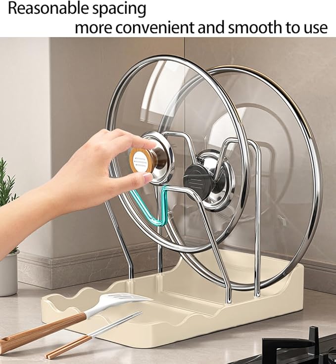 Pot lid Holder And Spoon Rest, 2 Layers Lid And Spoon Rest Pot Lid Organizer With Drip Tray, Multifunctional Utensils Pan Pot Cover Lid Rack Shelf for Pot Lids, Spatulas, Spoons (White)