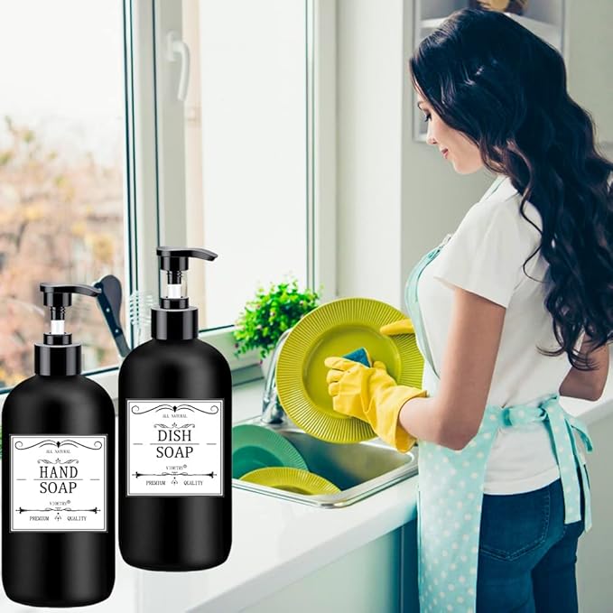 Black Soap Dispenser with Rust Proof Pump, Waterproof Labels (2 Pack,16 Oz), Plastic Hand Soap Dish Soap Dispenser for Kitchen, Premium Thick Soap Pump Bottles