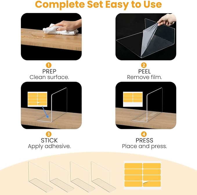 Purse Organizer for Closet Shelf Dividers - 10" Tall X 12" Deep Clear Acrylic Shelf Dividers for Closet Organization - Free-Standing Adhesive Design for Wood & Wire Shelves Bedroom Kitchen 4 Pack