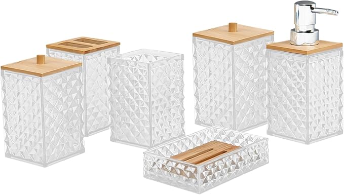 Bathroom Accessory Set,6 Pcs White Bathroom Set Include Soap Dispenser, Qtip Holder Dispenser, Soap Dish,Toothbrush Holder & Mouthwash Cup.Boho Bathroom Set