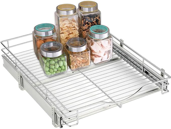 DINDON 1 Tier Pull Out Cabinet Organizer (17" W x 18" D) Heavy-Duty Metal Sliding Drawer Shelf, Slide Out Wire Basket for Kitchen Cabinets, Pantry, Bathroom, Chrome Finish…
