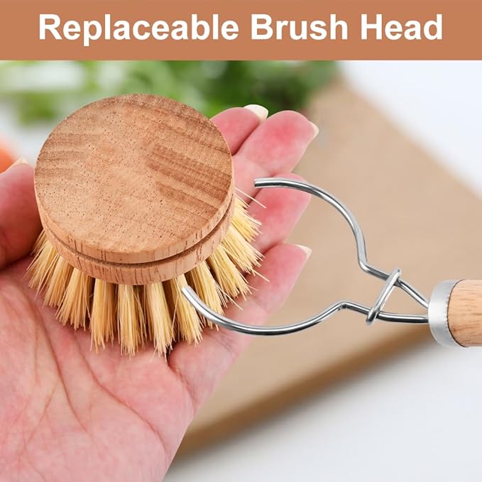 Bamboo Dish Brush Set, 1 Wooden Handle with 3 Natural Bristle Heads All Purpose Kitchen Scrub Brush with Sisal and Palm Horsehair for Cleaning Dishes Pans Vegetables(Color:Brown)