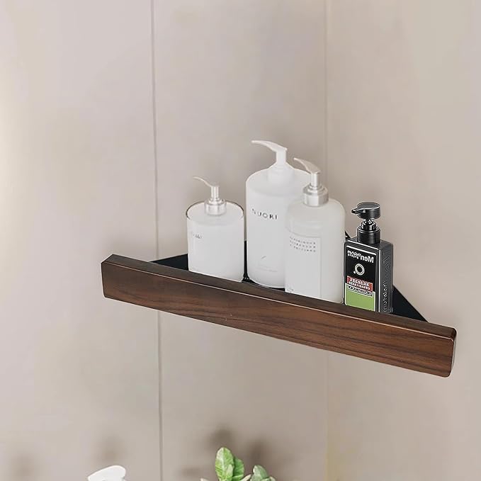 Bathroom Corner Shelf 1-Pack, Shower Shelves Corner with High Guardrail - No Drilling Shower Caddy, Solid Walnut Finish Aluminum Shelf