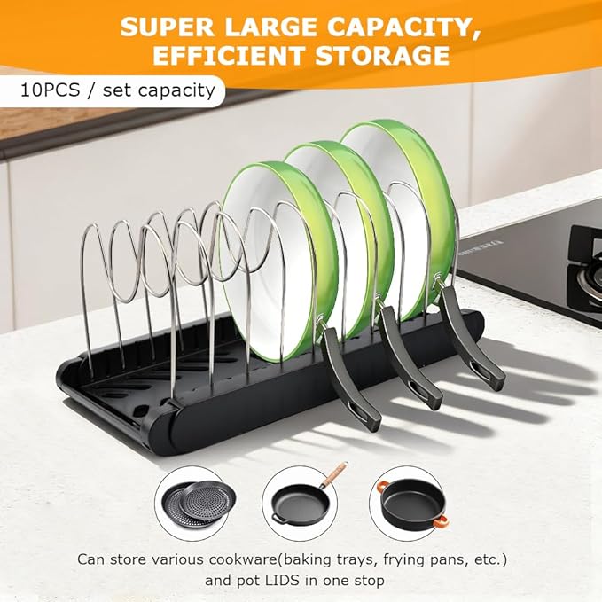 Pots and Pans Organizer for under Cabinet, Expandable Pot Lid Holder with 10 Adjustable Compartment, Pan Organizers inside Cabinet for Lids, Bakeware, Cutting Boards(COLOR:Black)