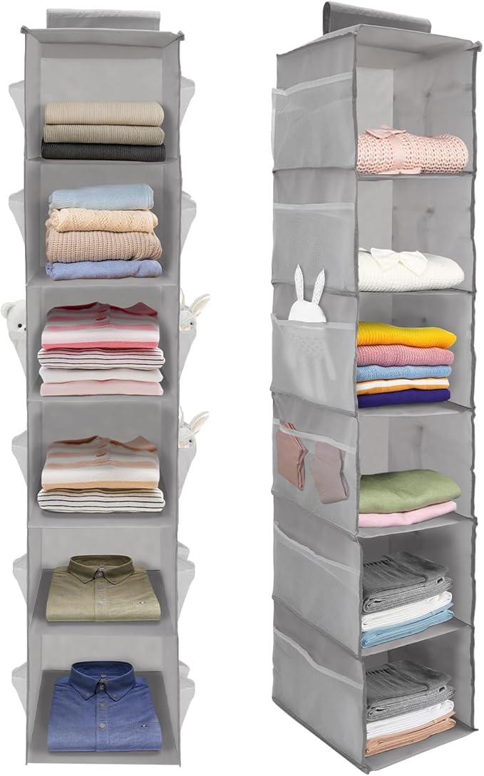 2Pack Hanging Closet Organizer, 6 Tier Hanging Storage Shelves, Foldable Clothes Organization, Wardrobe Organiser with 18 Side Pockets for Home Bedroom Organization Clothes Accessories