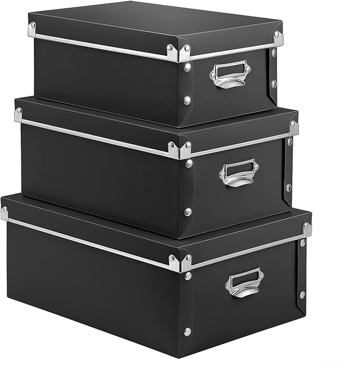 SEEKIND Storage Box, Decorative Storage Bins with Lid,3 in 1 Set,Plastic,with Handles,Press-Stud Fastening,Moisture-proof,Foldable for Space Saving Storage,for Clothes,Cosmetic,Blankets (Black) …