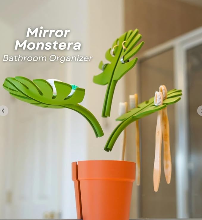 Artificial Monstera Leaf Mirror Plant Decor Set – Bathroom Toothbrush Holder Organizer – Faux Plant Pot with 3 Leaves – Home Countertop Decoration
