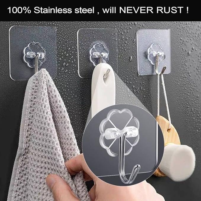 ZESLMG Adhesive Wall Hooks for Hanging, 16 Pack Self Sticky Hooks Heavy Duty 22lb Clear, Removable Shower Hook No Damage for Towel Key Coat Wreath Picture Outdoor Ceiling Bathroom Kitchen, Waterproof