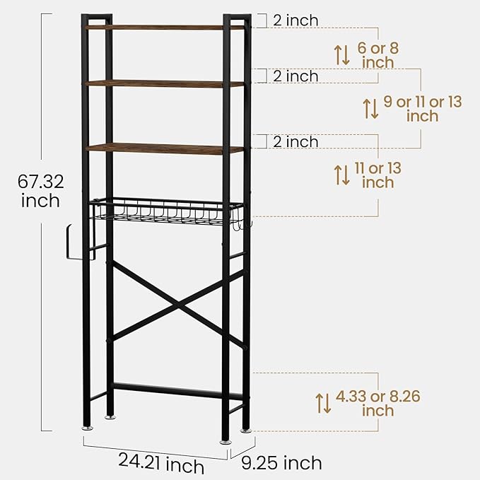 Over The Toilet Storage Cabinet, 4-Tier Bathroom Organizers and Storage with Adjustable Shelves, Freestanding Over-The-Toilet Shelf for Restroom, Laundry, Rustic Brown