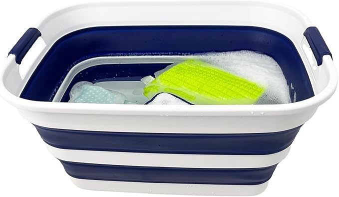 SAMMART Collapsible Plastic Laundry Basket with Handle/Foldable Pop Up Storage Hamper/Portable Laundry Organizer-Space Saving Washing Tub/Household Storage (White/Starry Blue, 27L (Set of 2))