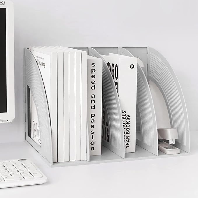 SAYEEC Sturdy Maganize Holder Desktop File Holder Organizer Plastic 4 Section Frames File Dividers Document Cabinet Rack Display Storage Organizer Box (Light Grey)