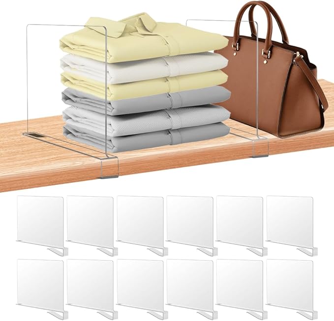 xydstay 12 Pack Acrylic Shelf Dividers for Closet Organization, Purse Organizers for Closet, Clothing Dividers, Handbag Organizers for Shelves Separator Clear