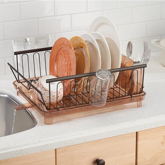mDesign Large Modern Kitchen Countertop, Sink Dish Drying Rack - Removable Cutlery Tray and Drainboard with Adjustable Swivel Spout - 3 Pieces, Bronze/Brown Cutlery Caddy and Drainboard