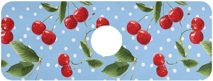 Kitchen Sink Splash Guard 1 PC 14.7 Inch Sink Faucet Mat Splash Guard for Bathroom Countertop Water Absorbent Foldable Cuttable Soft Washable Light Blue Dots Red Cherry