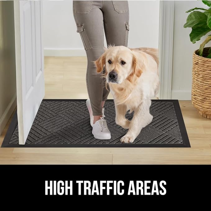 GORILLA GRIP 100% Waterproof All-Season WeatherMax Doormat US Designed Natural Rubber, Stain Fade Resistant, Low Profile Indoor Outdoor Door Mats, Easy Clean, 17x29 Gray Diamond