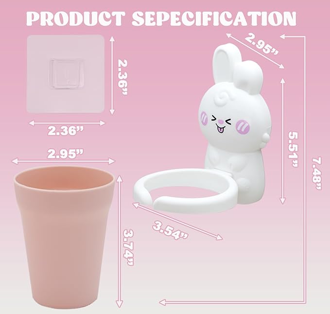 Cute Kids Toothbrush Holder with Cup & Toothpaste Wall Mounted, Adhesive Bathroom Organizer - Kids Bathroom Decor Accessories, Animal Toothbrush Holders for Kids - White Rabbit