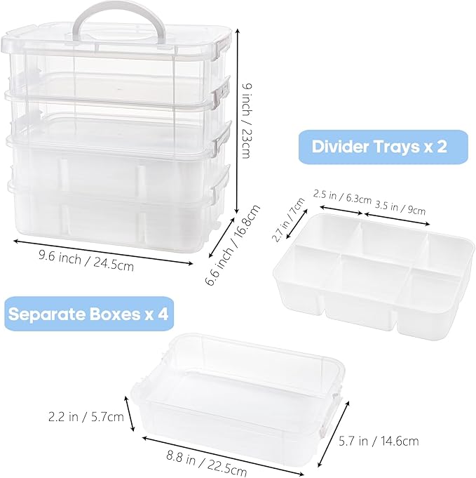 Foraineam 4-Tier Clear Storage Bins With 2 Divided Trays, Stackable Carry Storage Box Container, Plastic Lidded Organizer Case With Handle for Beads, Tools, Arts & Crafts, Sewing, Office Supplies