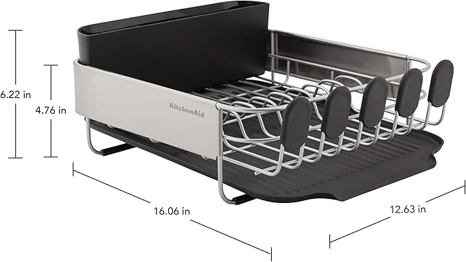 KitchenAid Compact, Space Saving Rust Resistant Dish Rack with Removable Flatware Caddy and Angled Self Draining Drainboard, 16.06-Inch, Black