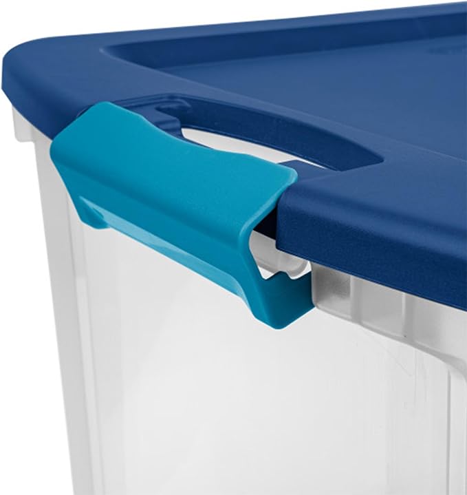 Sterilite 18 Gal Latch and Carry, Stackable Storage Bin with Latching Lid, Plastic Container to Organize Closets, Clear with Blue Lid, 18-Pack