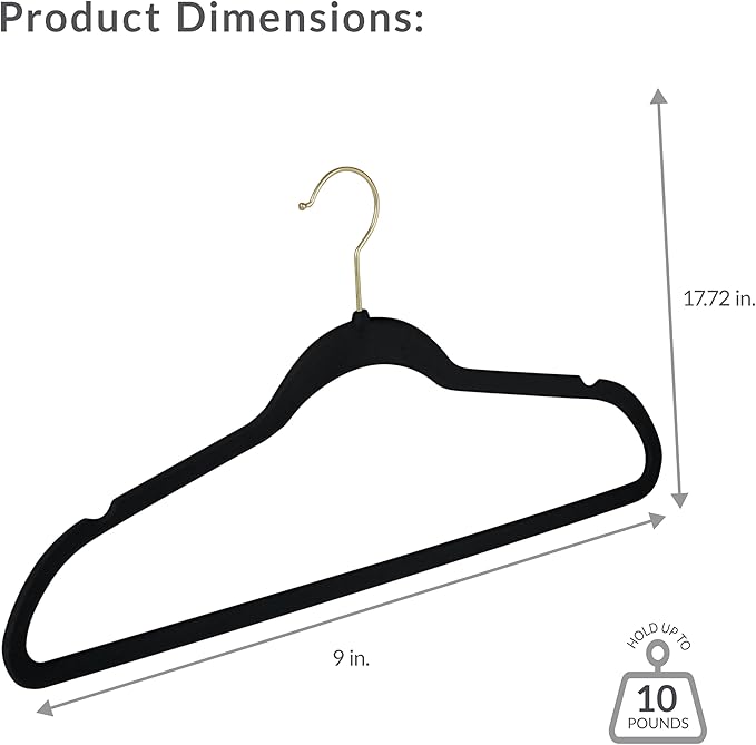Simplify Slim Velvet Gold Hook Clothes Hangers 75 Pack | Non-Slip | Shirts | Suit | Pants | Dresses | Garments | Closet Storage & Organization | Durable | Black