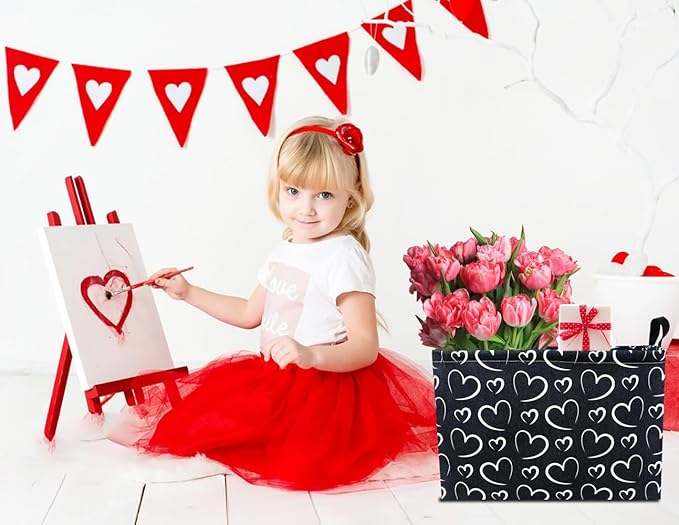 Rectangular Black Basket,Gift Basket Empty,Heart Print Toy Bin with Handles,Kids Toys/Books Box,Room Decor(Black Love)