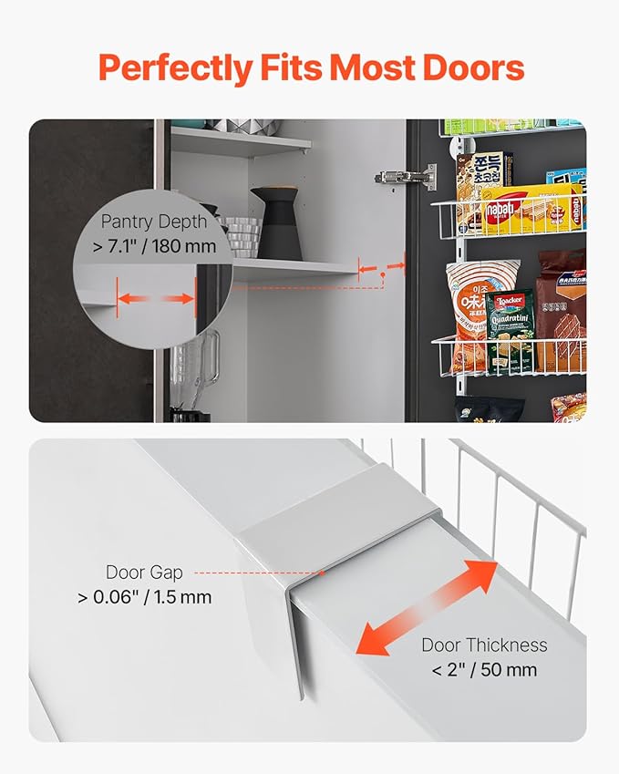 VEVOR Over the Door Pantry Organizer, 6-Tier Pantry Organization and Storage, Heavy-Duty Steel Hanging Spice Rack, Adjustable Wall Seasoning Shelves, for Home Kitchen Laundry Room Bathroom, White