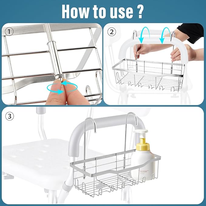 Shower Caddy Hanging, Stainless Steel Showers Organizer Rack with Hooks and Suction Cup for Elderly Seniors Disabled Handicap
