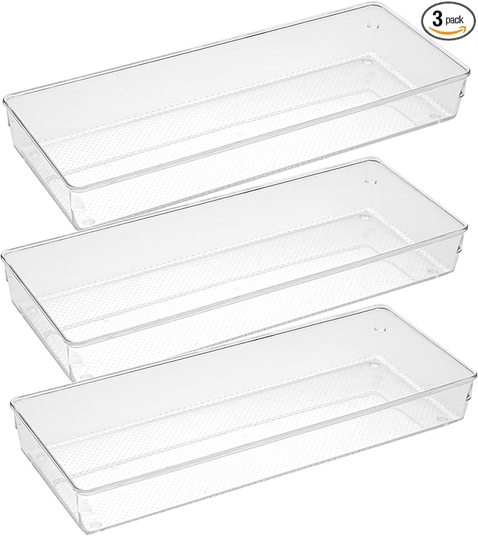 ihomecooker 3 Pack Large Clear Plastic Drawer Organizer Tray Cutlery Utensil Makeups Drawer Organizers 15" X 6"