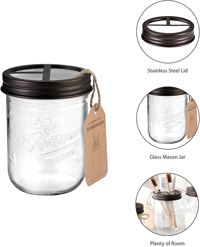 SheeChung Mason Jar Bathroom Accessories Set, 2Pcs Glass Bathroom Accessory Set, Soap Dispenser, Toothbrush Holder, Bathroom Decor, Rustic Farmhouse Decor - Bronze