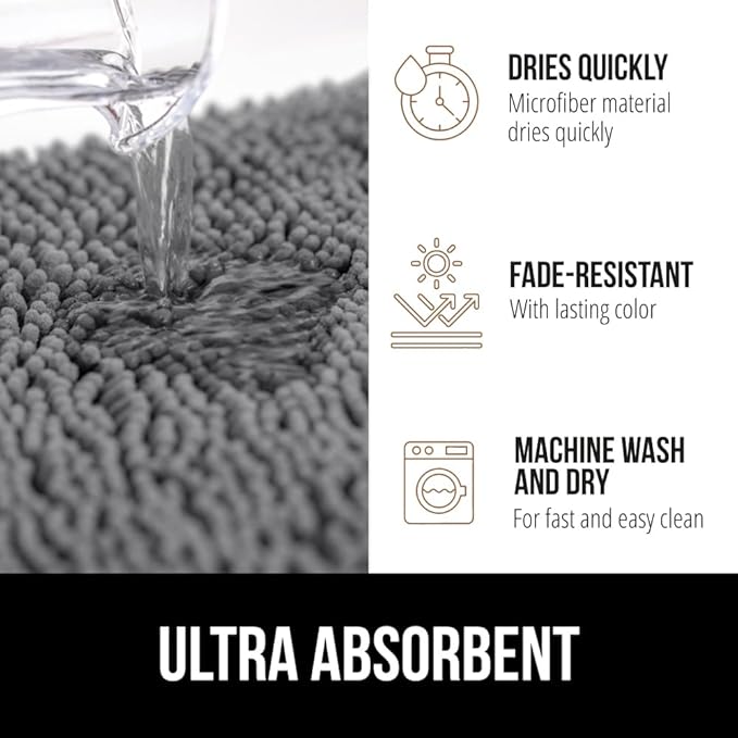 GORILLA GRIP Plush Absorbent Shaggy Chenille Bath Rug Mat for Square Toilet Base with Rubber Backing, Machine Washable Rugs, Soft Microfiber Contour Mats for Toilets, Bathroom Decor, Grey