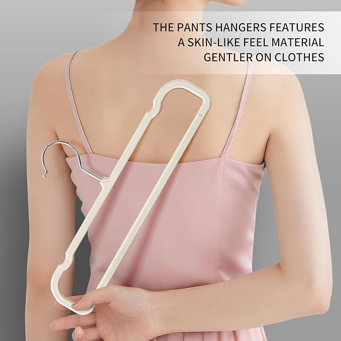 HUADYMEET 14 Inch Soft-Touch Pants Hangers Non Slip, 20 Pack Slim Silky Feel Jeans Trousers Shorts Hangers with 10 Hooks,Strong Durable Thin Space Saving Clothes Hanger for Men Women,Skirts(Beige)
