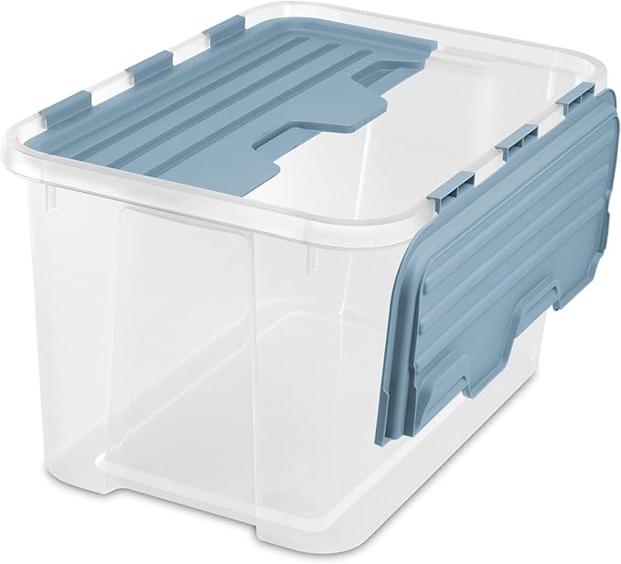 Sterilite 6 Pack Hinged Lid Storage Box, 60 Qt Plastic Container, Washed Blue - Home Organizer Tote for Storing Shoes, Crafts, Clothing, or Decor