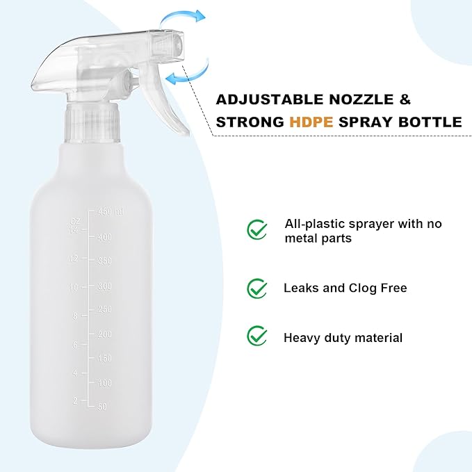 Spray Bottles 16.9oz HDPE Spray Bottle for Hair Mist/Stream Empty Heavy Duty Refillable Containers for Cleaning Solutions, Plants, Vinegar 2 Pack (White, 16.9oz)