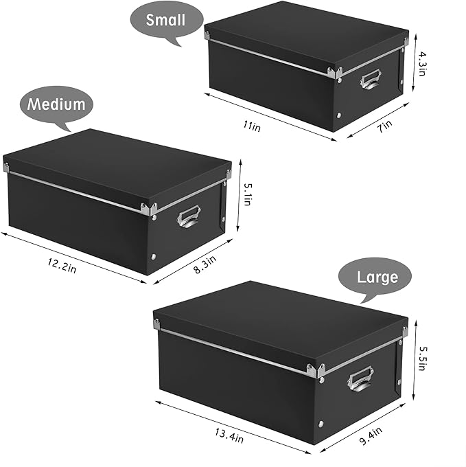 SEEKIND Storage Box, Decorative Storage Bins with Lid,3 in 1 Set,Plastic,with Handles,Press-Stud Fastening,Moisture-proof,Foldable for Space Saving Storage,for Clothes,Cosmetic,Blankets (Black) …