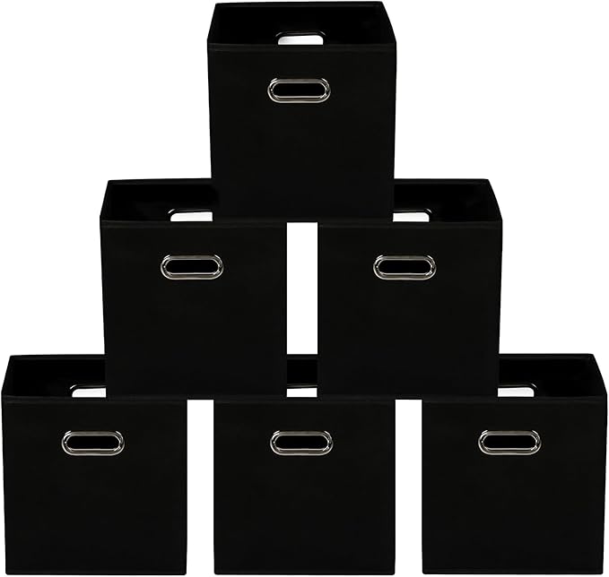 Yunkeeeper storage bins Cubes, Fabric Cube Organizer with Handle, Foldable Cube Bins for Cloth or Accessary Storage, 11x11x11, Set of 6, (black)