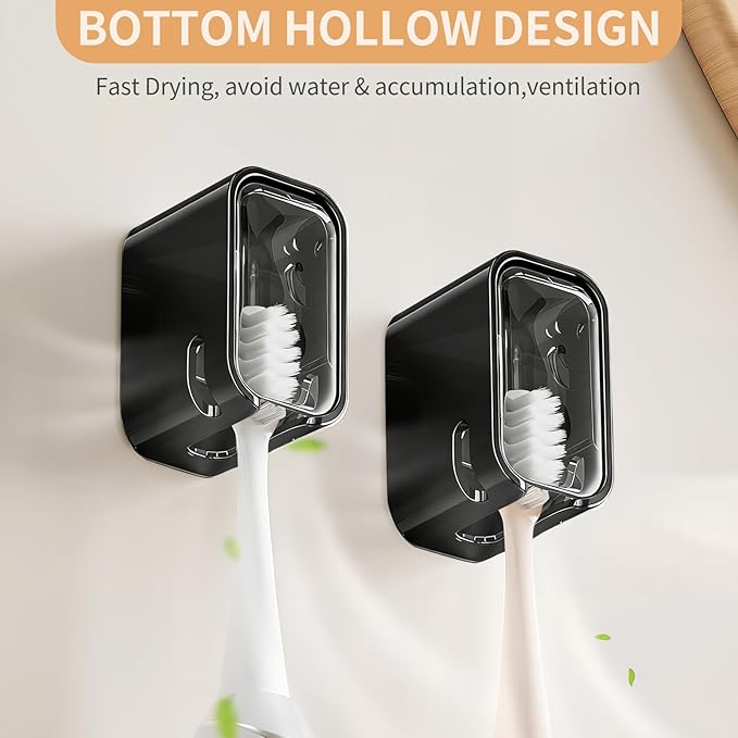 Wall Mounted Toothbrush Holders for Bathroom,Strong Self Adhesive Tooth Brush Holder with Cover, Toothbrush Heads Organizer for Family, 2 Pcs