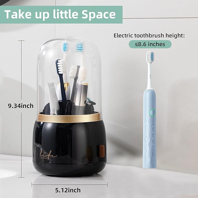 CLOKTA Toothbrush Holders for Bathrooms, Rotating 7 Slots Electric Toothbrush Holders with Cover, Countertop Toothpaste Organizers (Black)