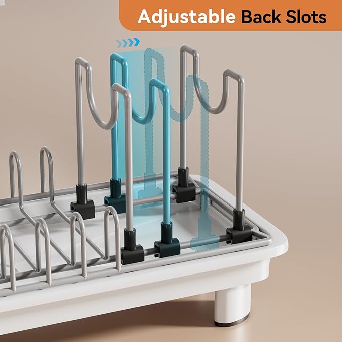 Small Dish Drying Rack, Compact Dish Drainer for Kitchen Counter, with Adjustable Back Slots, Space-Saving for Small Kitchens, White