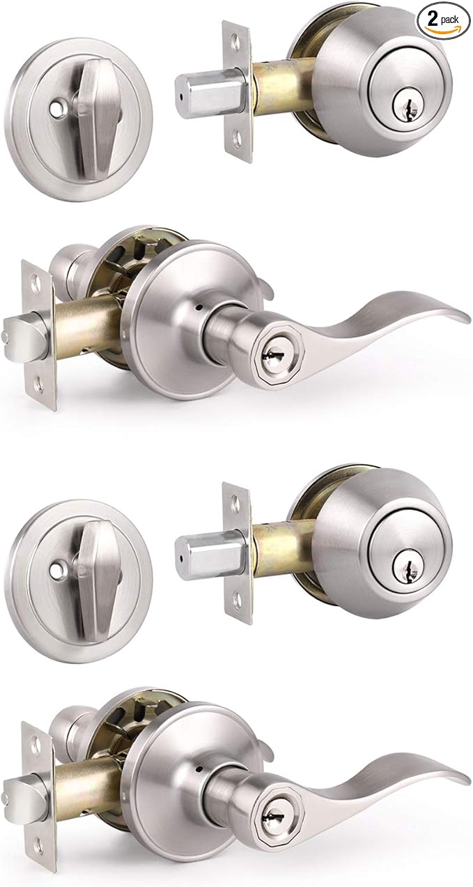 Knobonly 2 Sets of Front Exterior Door Knob Set with Single Cylinder Deadbolts in Satin Nickel Finish, All Keyed Same Combo Pack, Wave Style Entry Door Lever Locks with Combinations