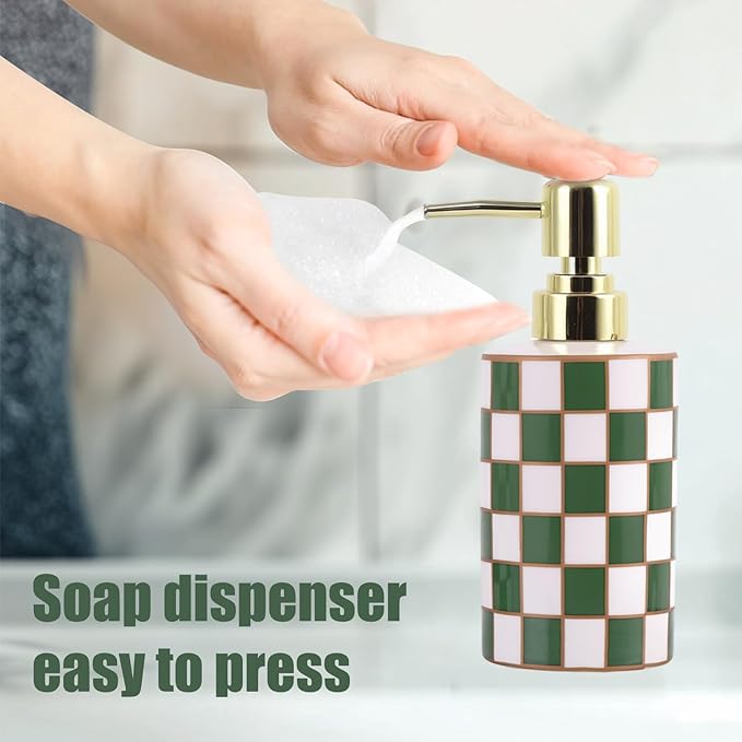 Bathroom Toothbrush Holder Set, Ceramic Checkered Soap Dispenser and Tooth Brush Holder Set, Modern Bathroom Accessories Sets Countertop, Black and White Checkered Bathroom Decor Set (Green)