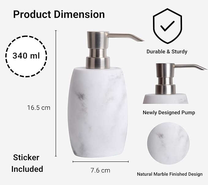 Resin Soap Dispenser Set 2, Refillable Hand Soap Dispenser with White Marble Look and Metallic Pump, Kitchen, Bathroom, Waterproof Labels (12 Oz)