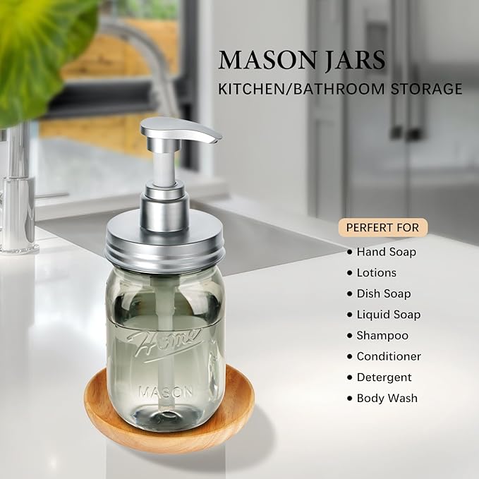 Amolliar Plastic Mason Jar Soap Dispenser with Pump Lid,16OZ Refillable Hand Soap Dispenser Set with Cute Lables - Farmhouse Decor for Kitchen Bathroom, Liquid Soap, Dish Soap, Lotion (2 Pack, Silver)