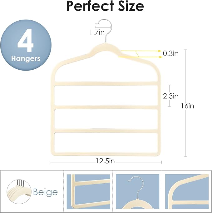 Velvet Hangers Space Saving Non Slip Pant Velvet Hangers, DUDUCOFU 4 Pack Beige Multi Layer Clothes Hangers Closet Organizer for Pants Trousers Scarf