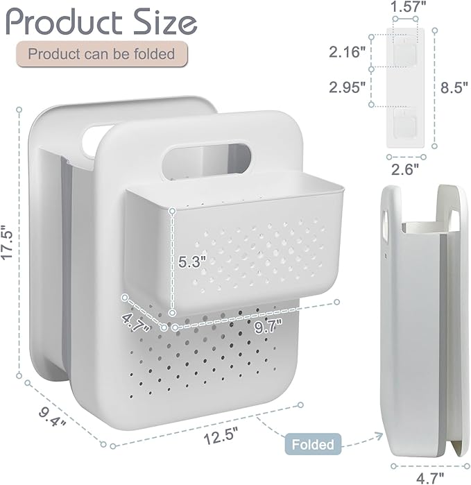 Large Collapsible Laundry Basket with Detachable Hanging Organizer, Space-Saving Wall-Mounted Hamper for Home, Dorms, RVs, Main Basket Measures 13" x 9.5" x 17.5" In