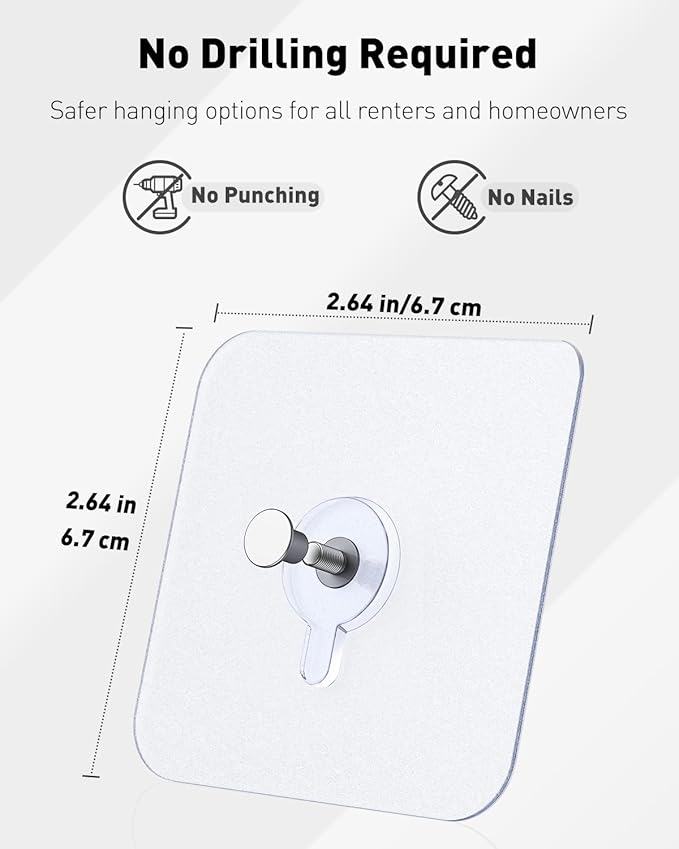Uniclife 30 Pcs Self Adhesive Picture Hooks 40 lbs Load No Drill Screw Stickers 2.64" Heavy Duty Picture Hangers Without Nails Wall Hooks for Hanging Waterproof Frame Hangers Sticky Hooks for Bathroom