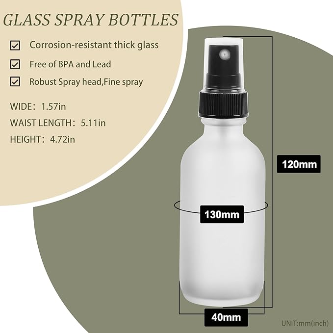Green Glass Small Spray Bottles 2 oz 48 Packs,Fine Mist Sprayer Pretty Finish,Refillable Containers mini spray bottles for Cleaning Solutions and Skin Care (Clear Frosted 48Pack)