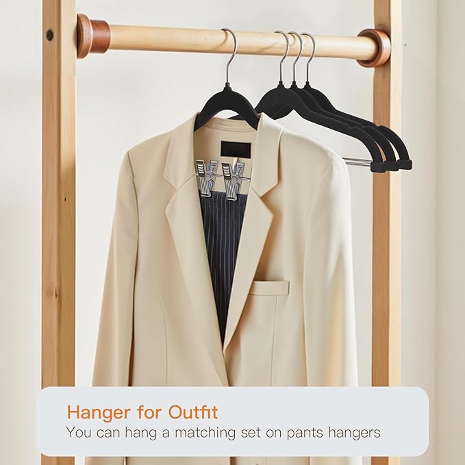 Flottian 24 Pack Black Velvet Pants Hanger,Velvet Hangers with Clips Adjustable,Space-Saving Slim Flocked Hanger,Heavy Duty Non Slip Hangers for Skirts,Coats,Pants,Dress